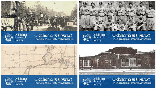 A series of 4 historical images depicting themes of the History Symposium, maps and Washington School