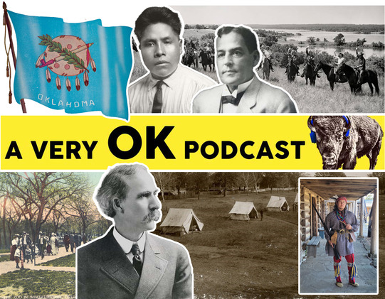 A collage of podcast imagery featuring Oklahoma City Park Wheeler Park, Joseph Oklahombi, Robert Latham Owens, Dick Morgan