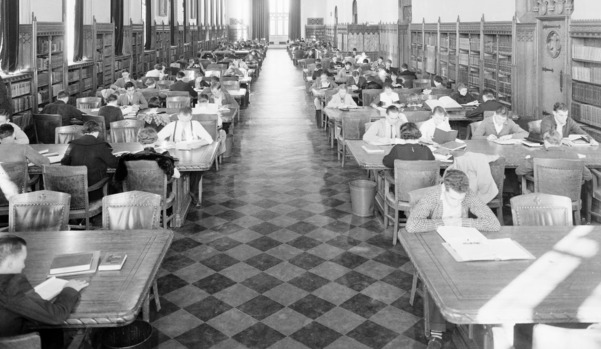 Library Reading Rooms at the University of Oklahoma in Norman. Student seated at library tables studying