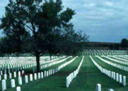 A cemetery with the marble headstones standing in uniform rows, green grass below
