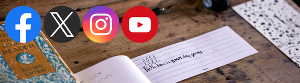Penmanship booklet with student writing and the Facebook, X, Instagram, and YouTube icons