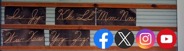 A schoolhouse set of penmanship lettering above a chalkboard and the Social Media icons below