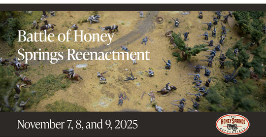 Battle of Honey Springs Reenactment with an image of the model displayed at the HSB Visitor Center. Model figures in battle