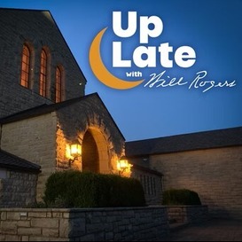 A photo of the Will Rogers Memorial Museum at night with a moon, and the words "Up Late with Will Rogers"