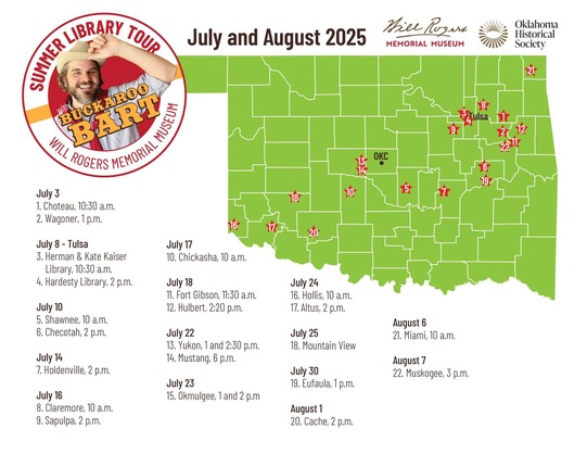A map of Oklahoma and the 2025 Summer Tour Dates for "Buckaroo Bart" from the Will Rogers Museum