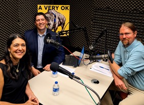 OHS Executive Director Trait Thompson, Representative Stephanie Bice and State Historian Matt Pearce in the podcast recording room