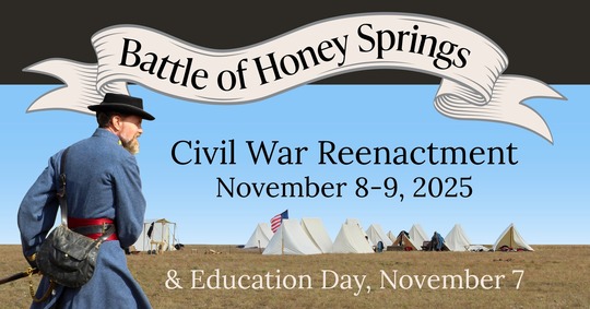 Battle of Honey Springs Reenactments banner depicting a tent campground in the distance and a living history actor in the foreground