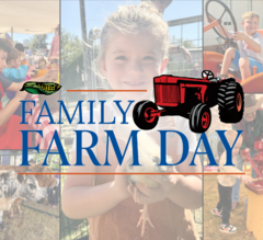 A collage of photos featuring a girl holding a chicken, a boy sitting on a tractor, cows, pumpkin crafts, and a volunteer grinding corn