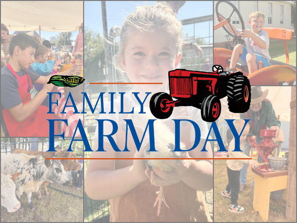 A collage of photos featuring a girl holding a chicken, a boy sitting on a tractor, cows, pumpkin crafts, and a volunteer grinding corn