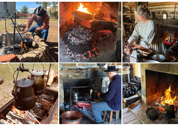 A collage of photos depicting fireplaces, hearths, and kitchens at Fort Gibson, Hunter's Home, Honey Spring Battlefield, and CSRHC