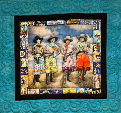 A quilt square with cowgirls and a teal square background.