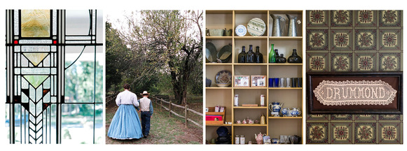 A collage of images featuring Fort Gibson, the Butterfield Trail, a stained glass window of the Overholser Mansion, and tatting