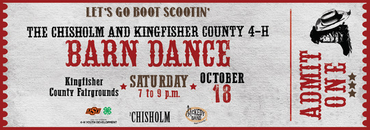 A ticket for a country barn dance with graphics of boots and cowboy hats, naming the date of the event at The Chisholm