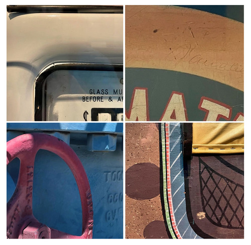 Detailed photos of artifacts on display at the Oklahoma History Center. A gas pump, a saddle, and other items are shown close up