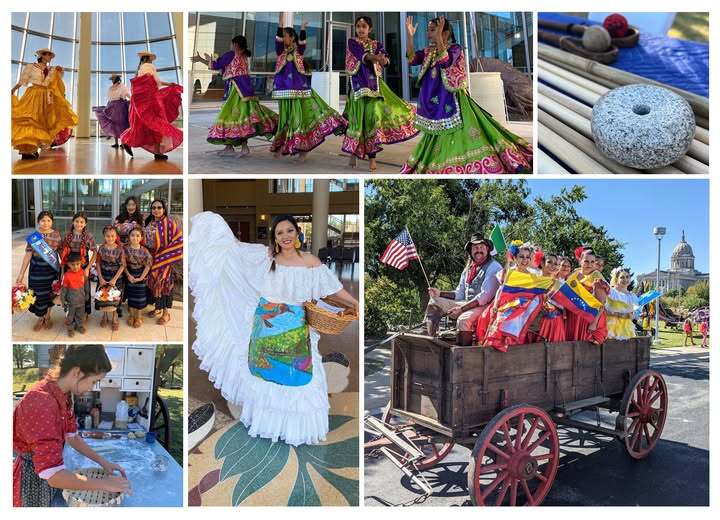 A collage of dancers, guests, cooks and a wagon full of women in costumes outside the Oklahoma History Center