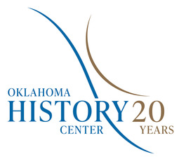 The 20th anniversary logo of the Oklahoma History Center with blue and bronze lettering