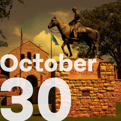 The Will Rogers riding Soapsuds statue in the foreground with the Will Rogers Memorial Museum in the background. The date October 30