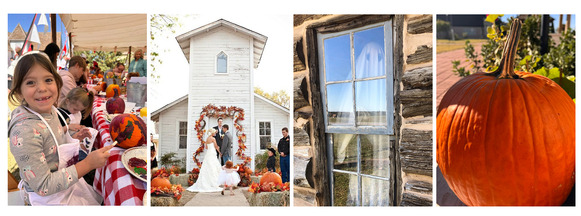 Fall themed Museum and Site photos including children painting pumpkins, a fall wedding in Atoka, and a pumpkin in the Humphrey Heritage Village