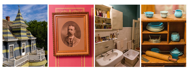Photos from the Fred and Addie Drummond Home depicting Fred Drummond's portrait, children's playthings, and a detail of the home