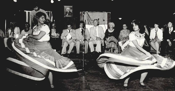 Dancers celebrate, performing traditional dances at the National Hispanic Heritage Week celebrations in Oklahoma City, 1979.