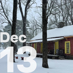 The sutler's store at Fort Towson with snow falling, and large lettering reading 'Dec 13.'