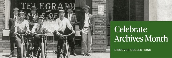 A grouping of children standing and on bicycles outside a large window with the words 'Telegraph and Cable Office'