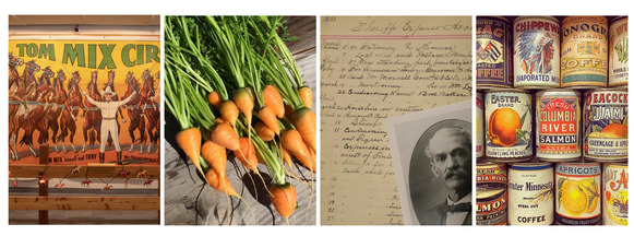 Tom Mix Circus mural depicting horses on back hooves and Tom Mix, Antique labeled cans on a shelf, a handwritten ledger