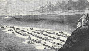 Prairie Schooner wagons travel west. Onlookers on a hillside have a bird's eye view.