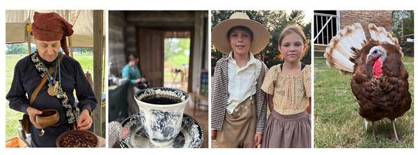 Living history reenactor sorting beans, two children stand together in historical clothing, a turkey at Hunter's Home