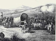 Men on horseback shoot guns in the air on the Santa Fe trail amid Wagons.