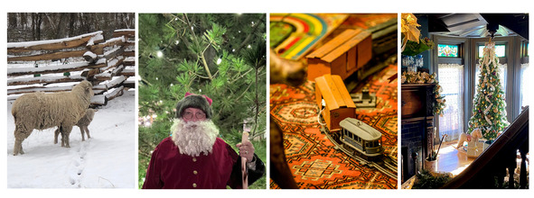 Sheep and baby lamb walk through the snow. A reenactor dressed as Santa Claus. Toy Trains and a decorated tree at the Overholser Mansion.