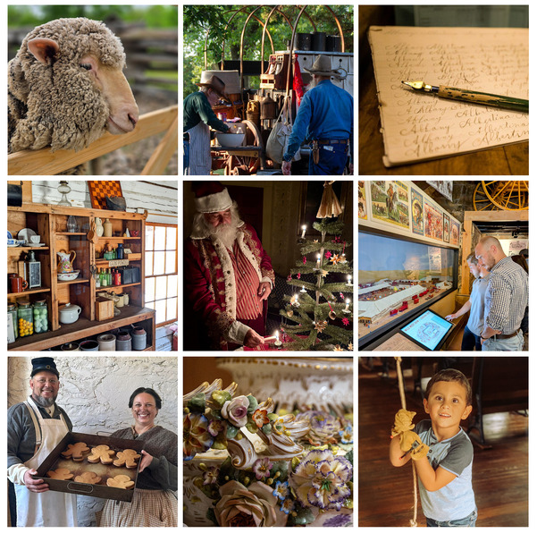A sheep looking over a fence, chuckwagon cooks at work, an old quill tip and cursive lesson, Santa dressed in red coat and fur collar