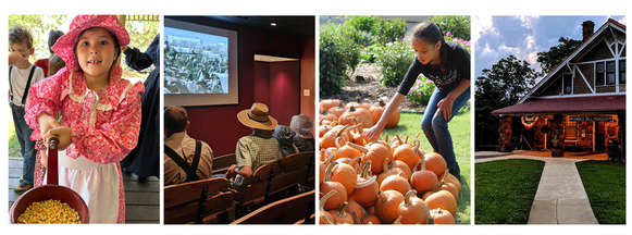 Children grinding corn with a turn handle, and choosing a pumpkin from a large pile.