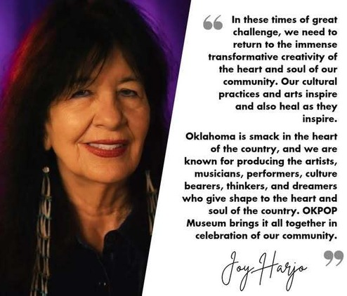 Joy Harjo with long beaded earrings, and an inspirational quote alongside her photo.