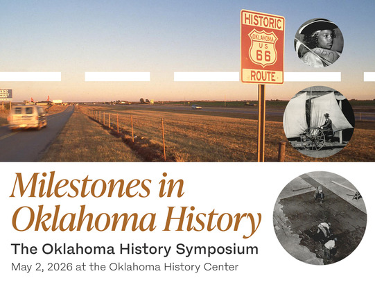 A scene along the Route 66 Highway, and the heading "Milestones in Oklahoma History"