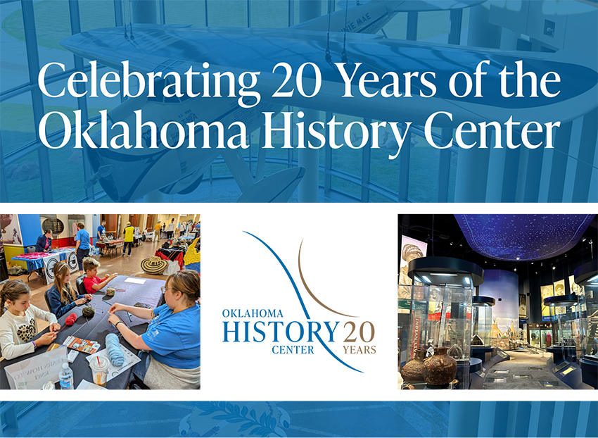 A group of children gather at an activities table and a large star map and Native American housing exhibits at the Oklahoma History Center