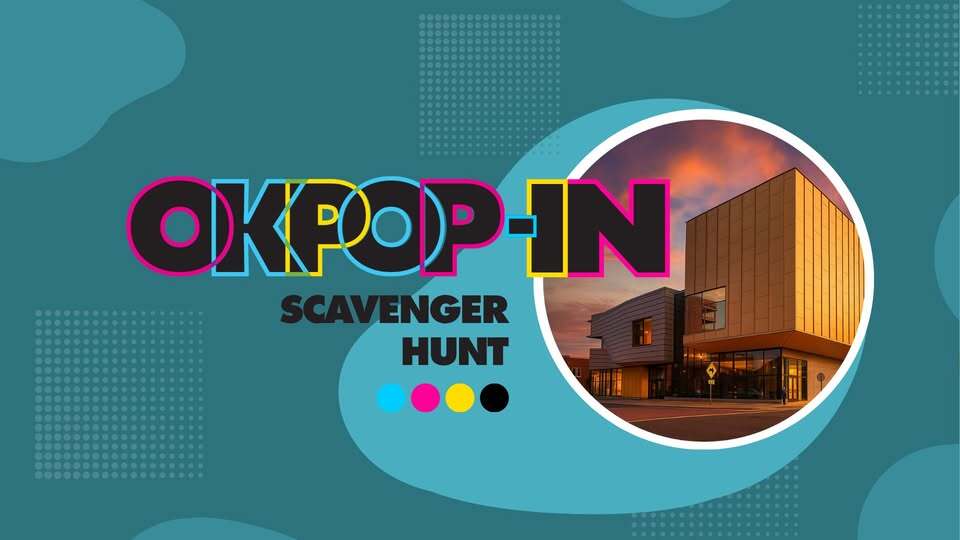 The OKPOP Building in Tulsa and the words OKPOP-IN Scavenger Hunt