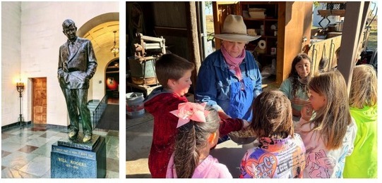 A collage of images, with living historians talking to children at the Sod House Museum, the Will Rogers Museum lobby, Route 66 museum