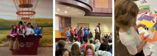 Children play and do crafts at the Oklahoma History Center. Colorful lettering reads "Homeschool Day"