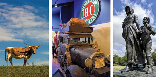 Will Rogers statue at the Will Rogers Museum, Children gather at a table with a living history presenter, a longhorn, antique model car with luggage