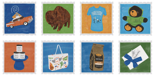 A heading Museum Store Holiday Sale and stamp style boxes with plush toys, coffee, candles, a membership card, and t-shirts in each.