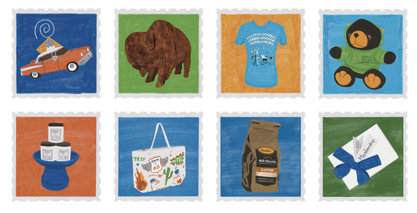A heading Museum Store Holiday Sale and stamp style boxes with plush toys, coffee, candles, a membership card, and t-shirts in each.
