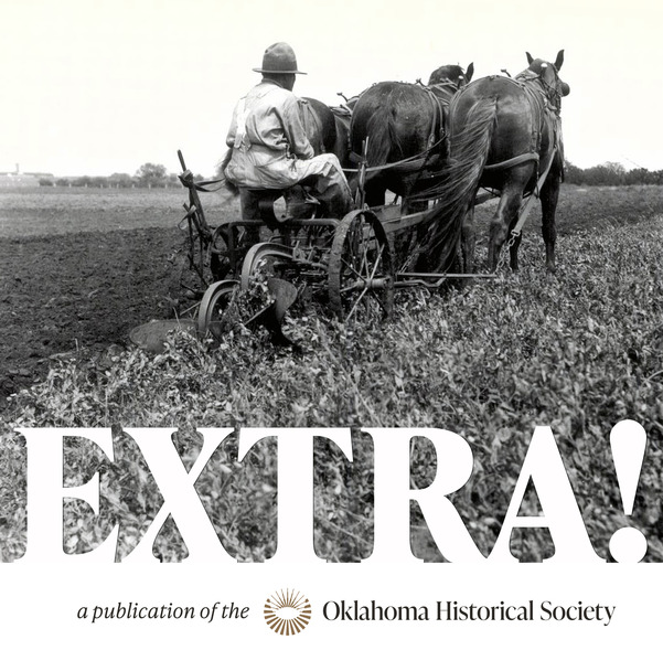 A man seated on a horse-drawn plow. The spade of the plow is plowing under a pea crop. A division between the tilled earth and the harvest 