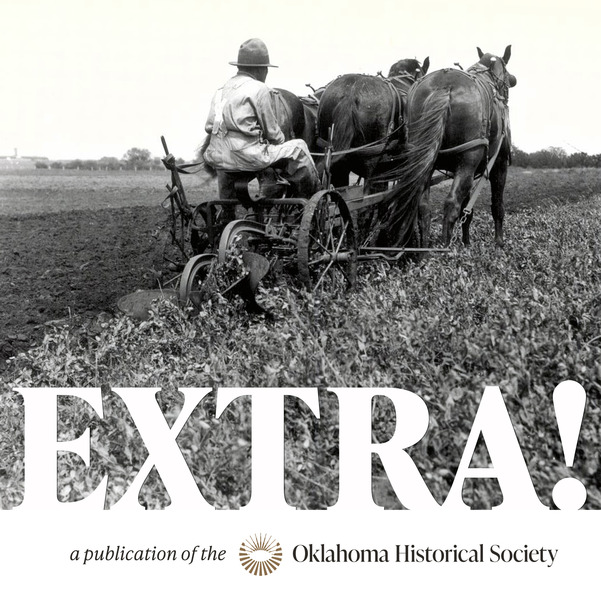 A man seated on a horse-drawn plow. The spade of the plow is plowing under a pea crop. A division between the tilled earth and the harvest 