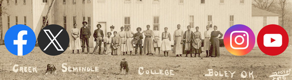 17 students stand outside the Creek Seminole College in Boley Oklahoma. Facebook, X, Instagram, and YouTube logos overlap image