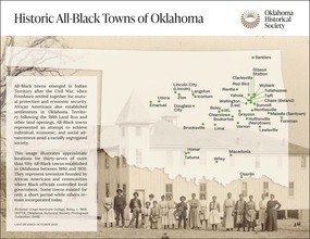 The Oklahoma Historical Society All-Black Towns map with pinpointed town names, and an historic image of a black college in the background