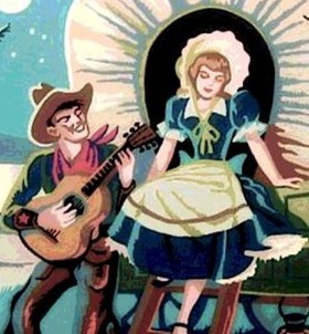A stylized illustration depicting a cowboy serenading a cowgirl by a chuckwagon. The moon is high in the sky, and a horse grazes under its light.