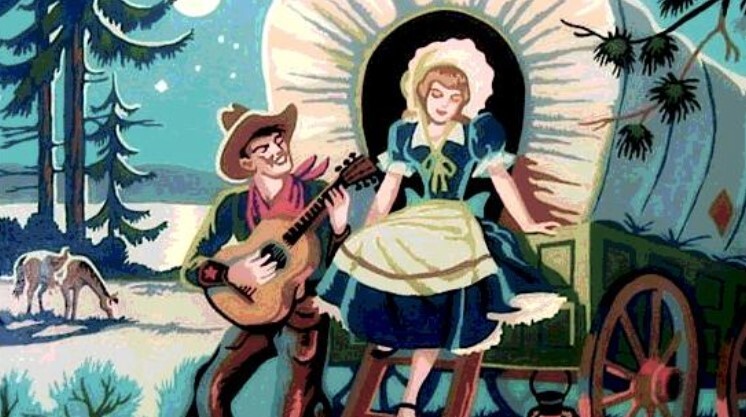 A stylized illustration depicting a cowboy serenading a cowgirl by a chuckwagon. The moon is high in the sky, and a horse grazes under its light.