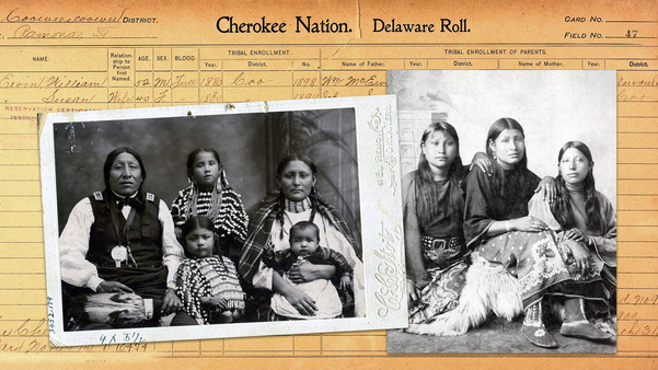 A handwritten document denoting a Cherokee Nation/Delaware Roll. Names, ages, and genealogical information is inked into the form