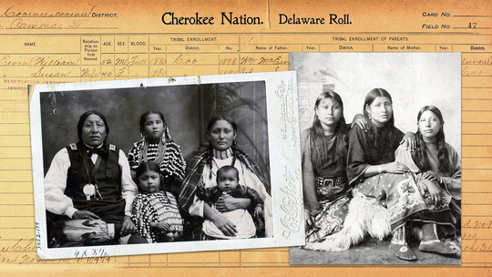 A handwritten document denoting a Cherokee Nation/Delaware Roll. Names, ages, and genealogical information is inked into the form
